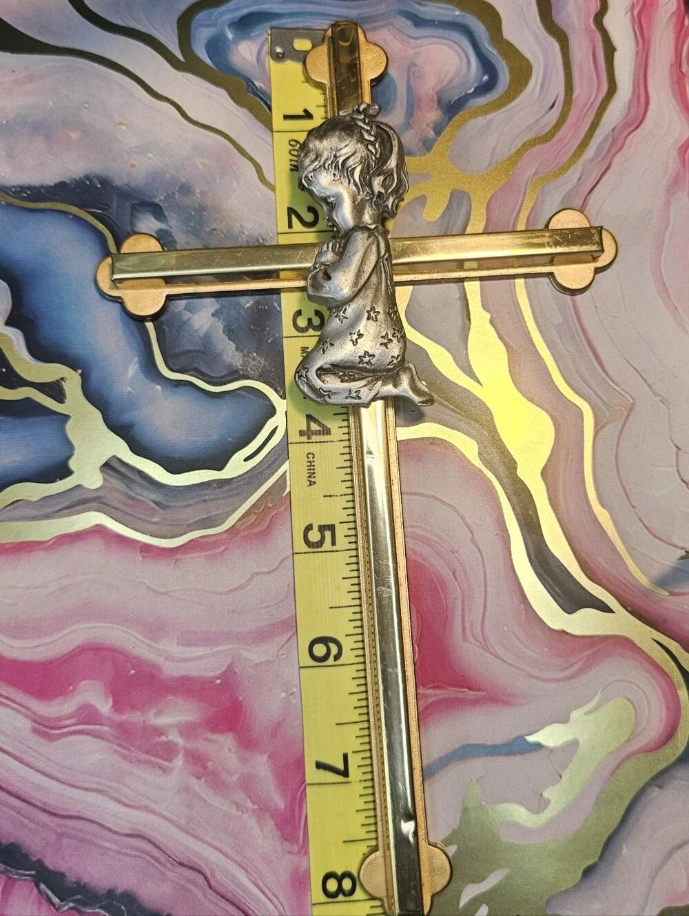 Gorham Gold Tone Wall Cross With Silver Praying Girl Religious Decor 5